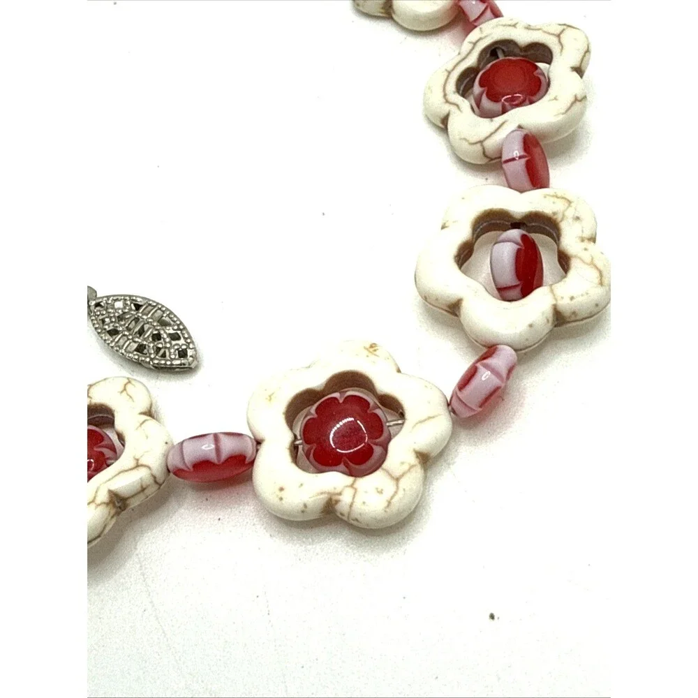 Vintage Millefiori Glass Bead & Howlite Necklace Red White Floral Statement 17.5